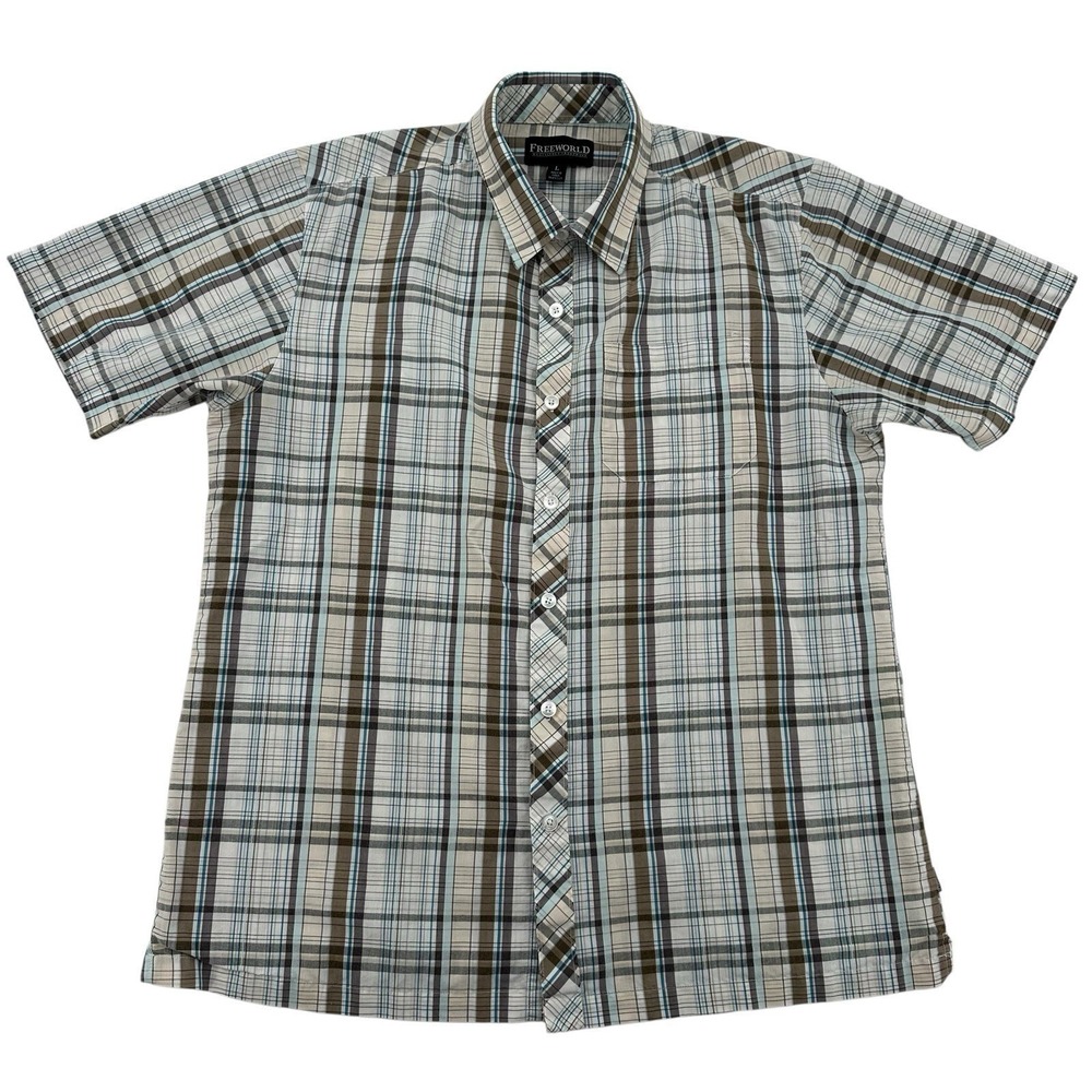 Free World Plaid Men Large Short Sleeve Button Down Shirt Brown Blue Western